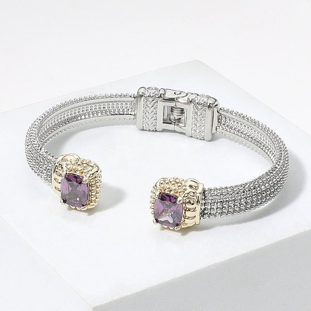 Purple Rectangle CZ Stone Tip Hinged Cuff Bracelet